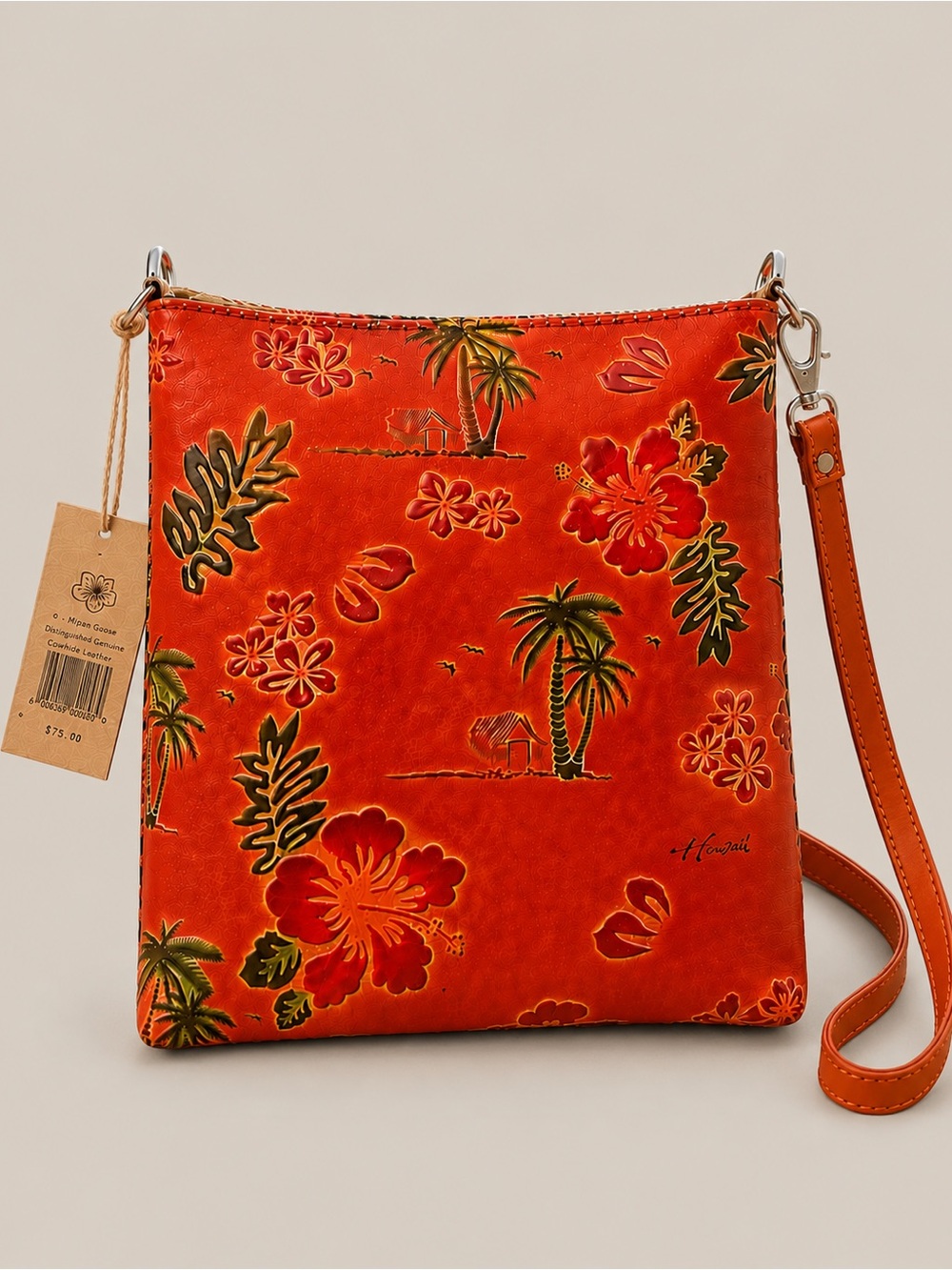 NWT Genuine Leather Crossbody Bag Hawaiian Tropical Embossed Red 6” x 7”